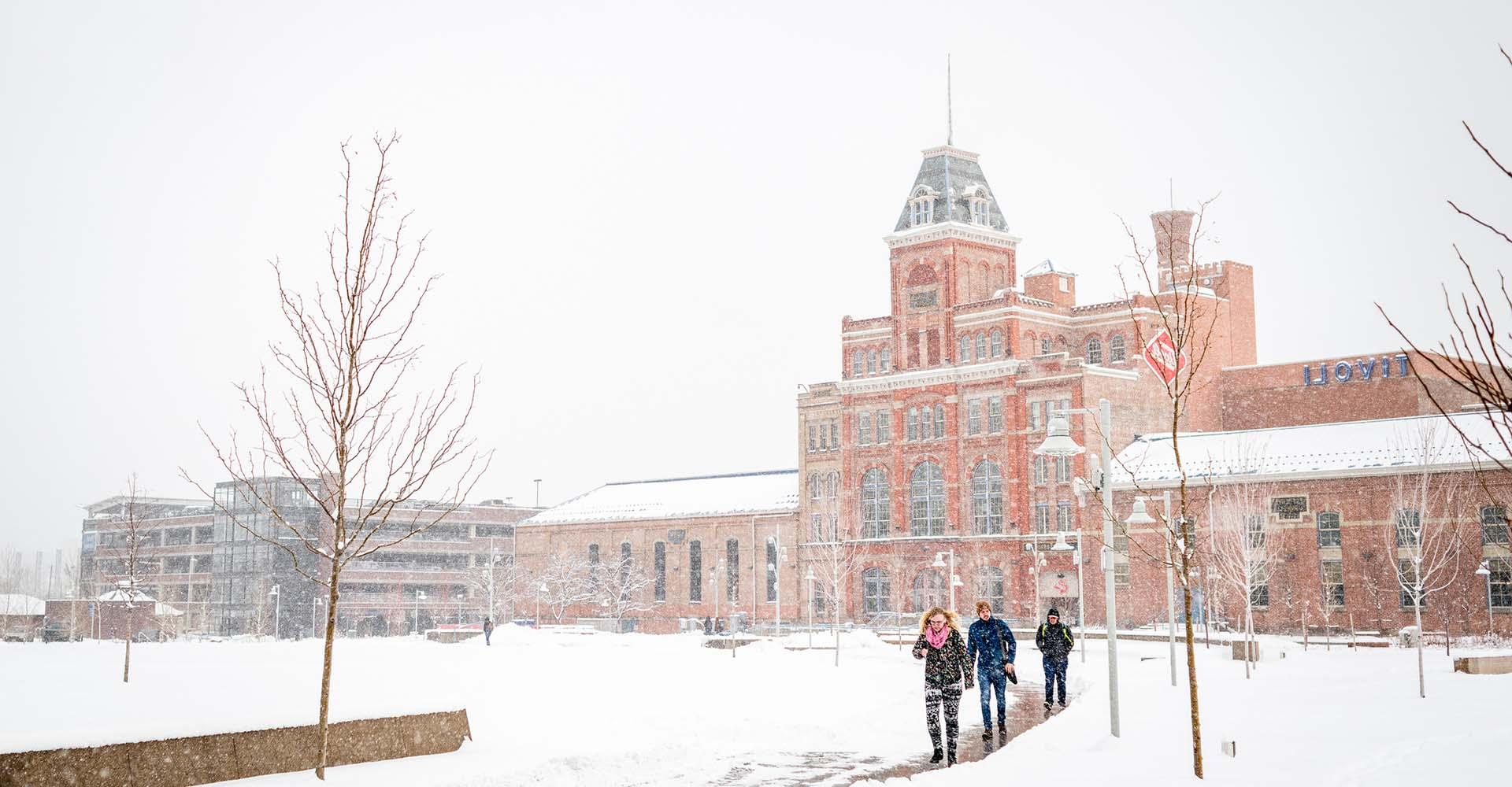 Tivoli Student Union on a snowy day on Auraria Campus.